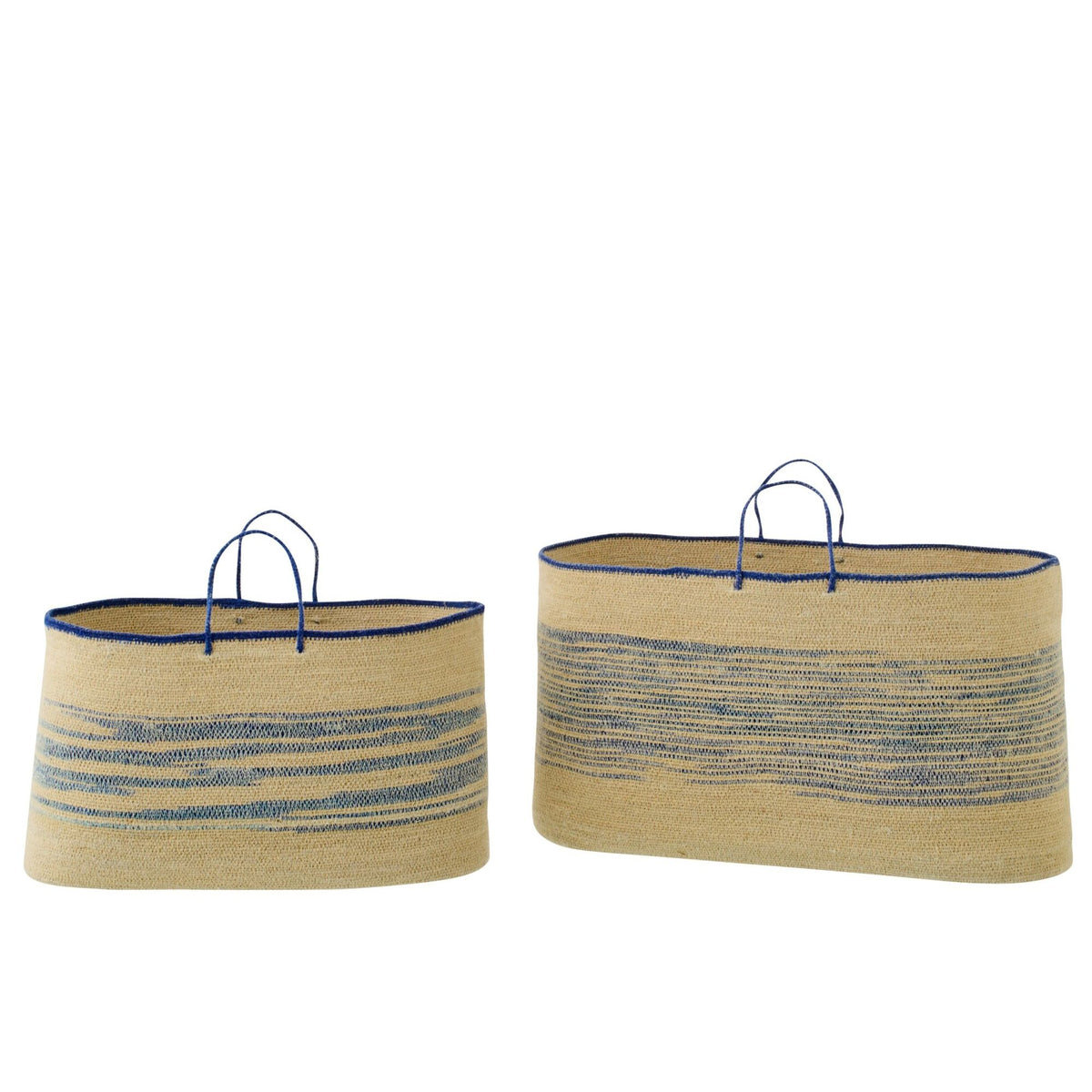 Set Of 2 Baskets With Handles Striped Natural/Blue Seagrass J-Line