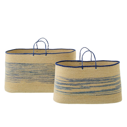 Set Of 2 Baskets With Handles Striped Natural/Blue Seagrass J-Line