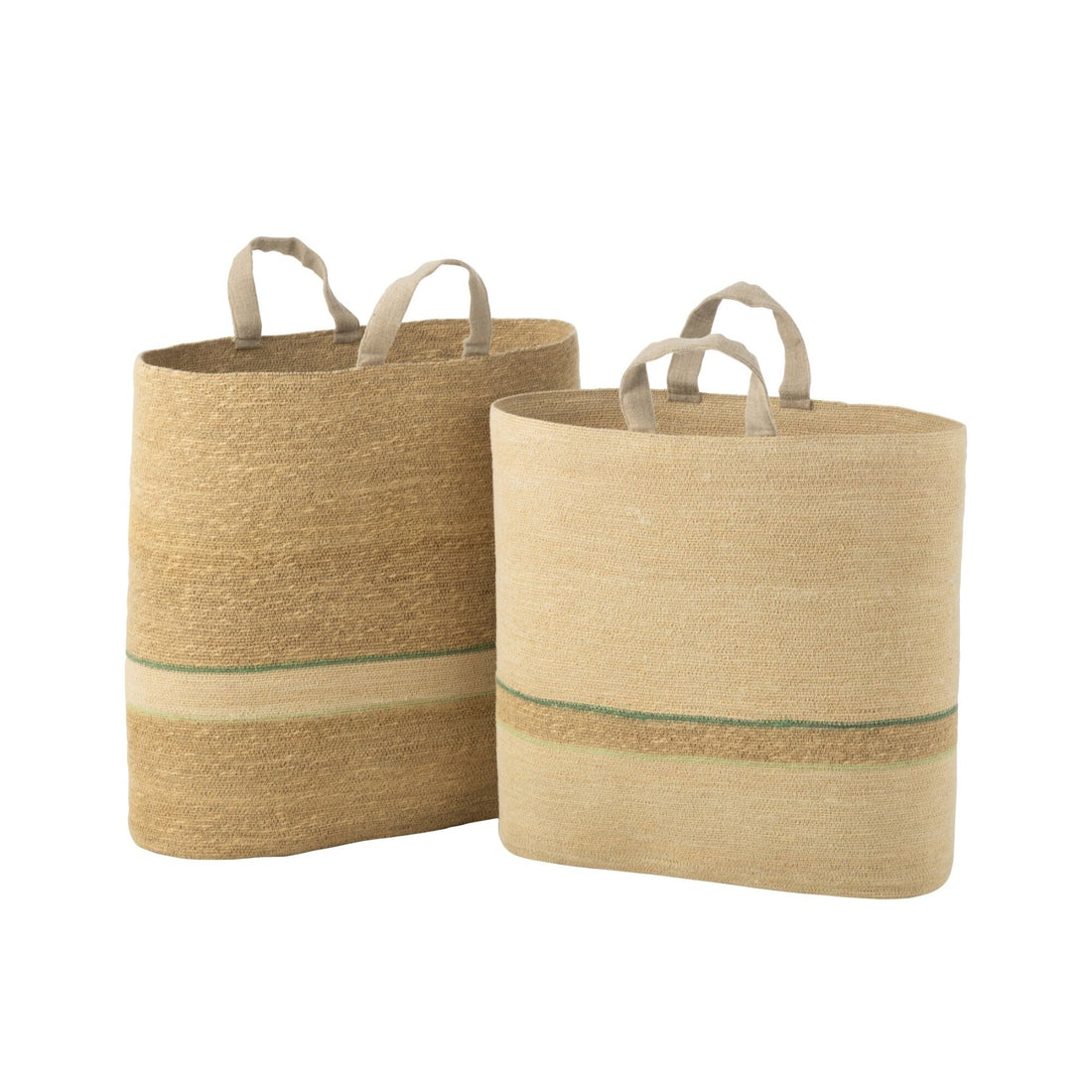 Set of 2 Striped Baskets + Handle Natural/Green J-Line