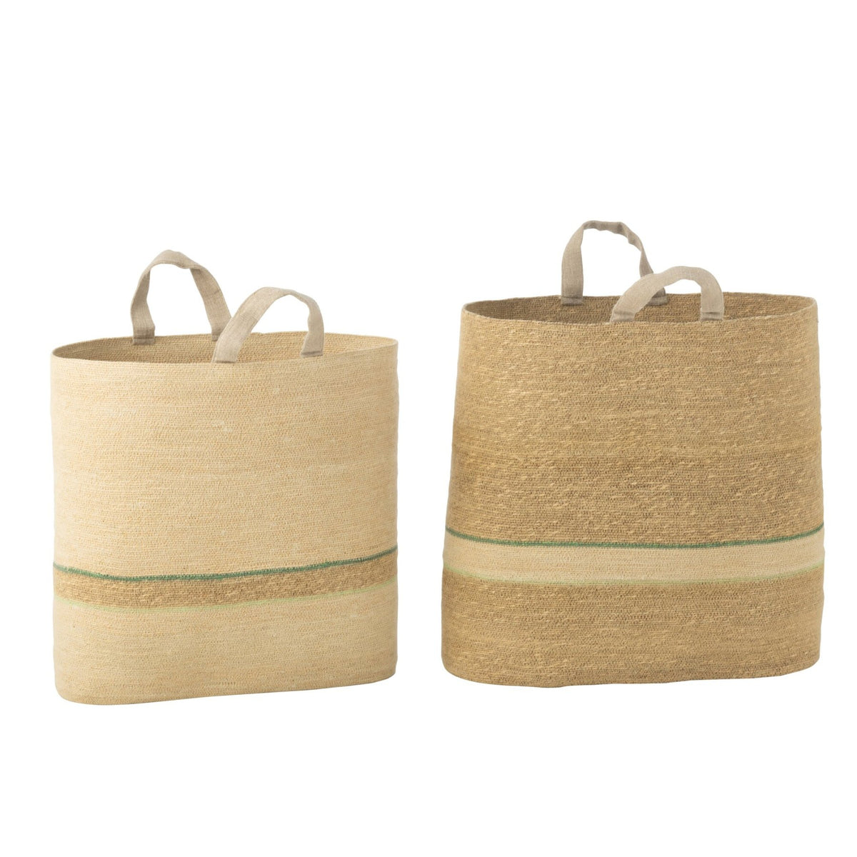 Set of 2 Striped Baskets + Handle Natural/Green J-Line