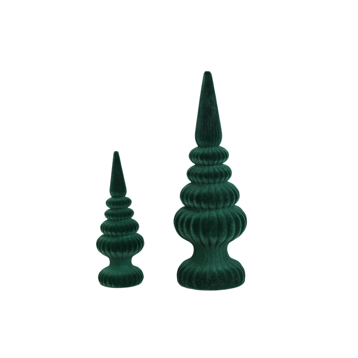 Set Van 2 Yule Kegelbomen Fluweel Donkergroen van PTMD, beide maten uit de set naast elkaar op witte achtergrond