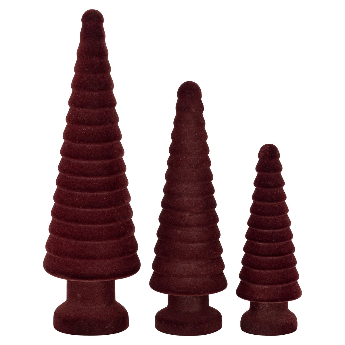 Set Van 3 Alezay Kerstbomen Glas Geribbeld Donkerbruin van PTMD, de complete set met alle drie de kerstboombeelden naast elkaar op witte achtergrond