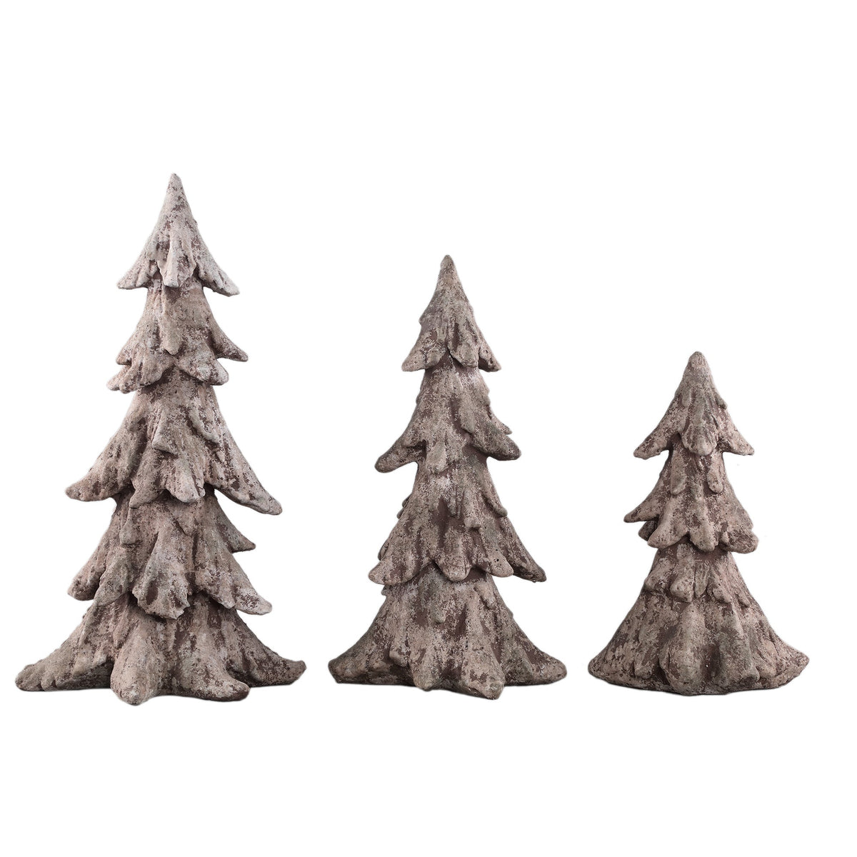 Set Van 3 Hascal Kerstbomen Cement Lichtbruin van PTMD, de complete set met alle drie de kerstboombeelden naast elkaar op witte achtergrond