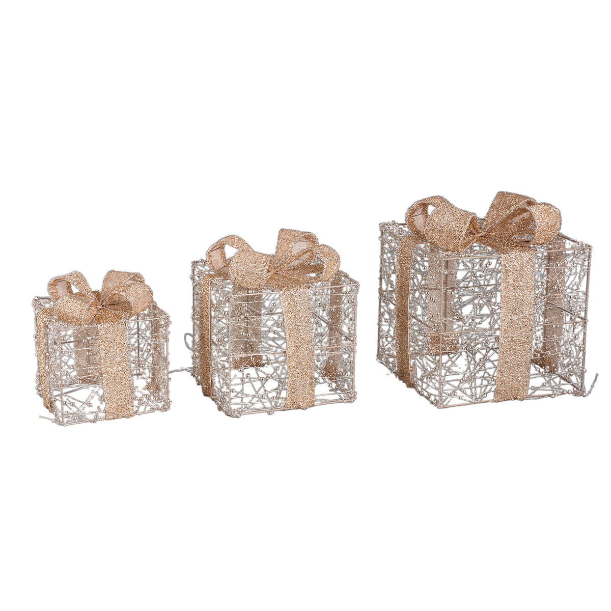 Set Van 3 Cadeaudozen Misk Goud van PTMD, drie LED cadeaudozen in goud met strik naast elkaar op witte achtergrond