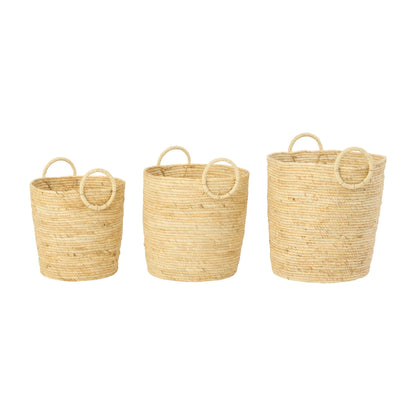 Set Of 3 Round Natural Corn Baskets With Handles J-Line