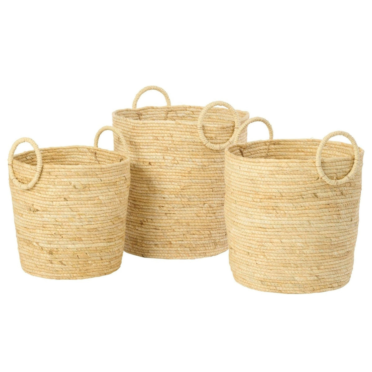 Set Of 3 Round Natural Corn Baskets With Handles J-Line