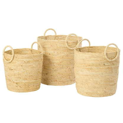 Set Of 3 Round Natural Corn Baskets With Handles J-Line