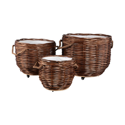 Set of 3 Brown Darrett Willow Baskets on Wheels PTMD