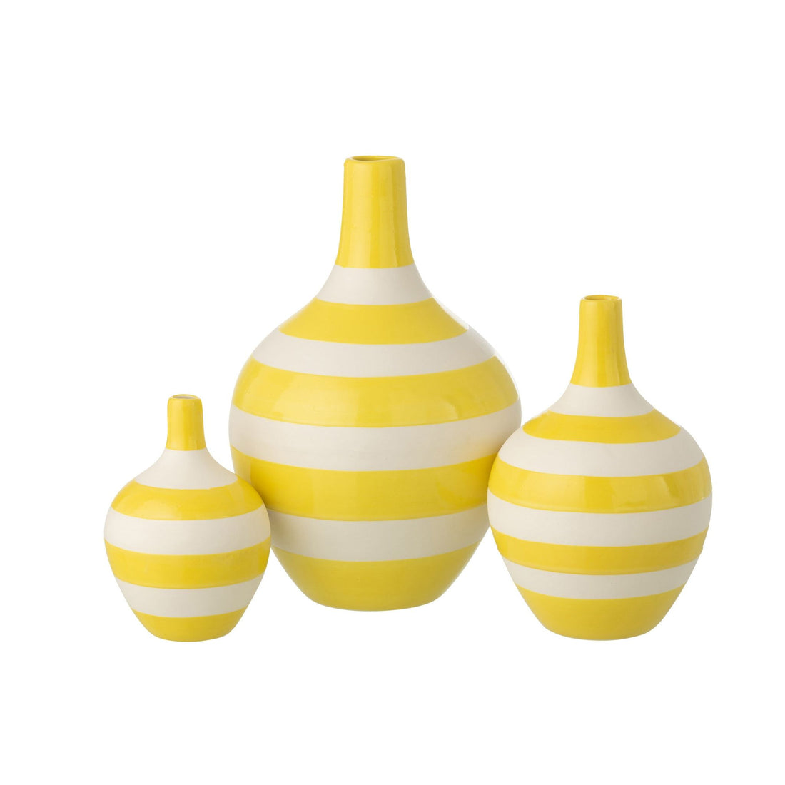 Set of 3 Striped Porcelain Vases White/Yellow J-Line