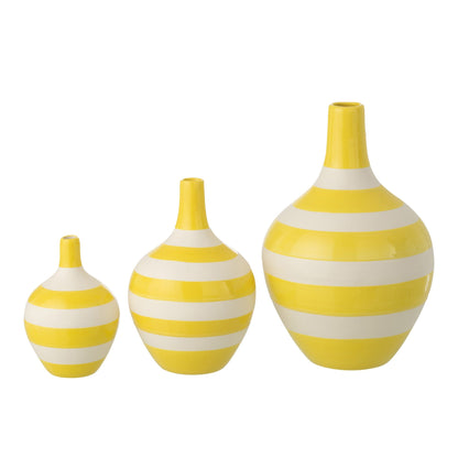 Set of 3 Striped Porcelain Vases White/Yellow J-Line
