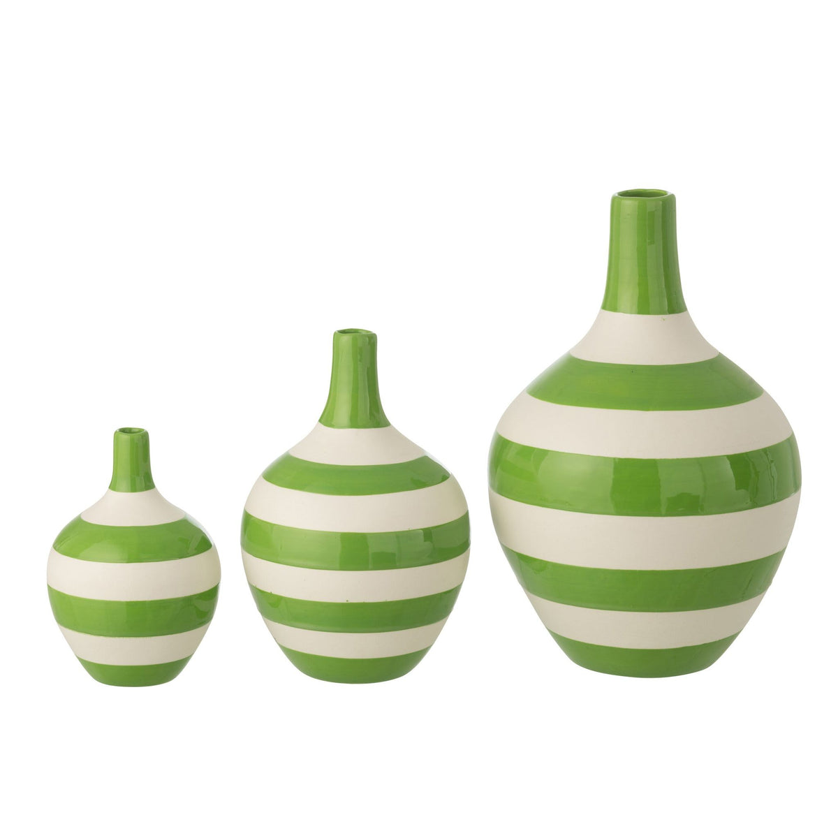 Set of 3 Striped Porcelain Vases White/Green J-Line
