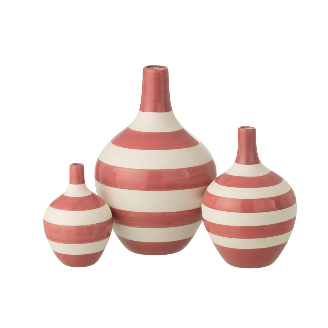 Set of 3 Striped Porcelain Vases White/Pink J-Line