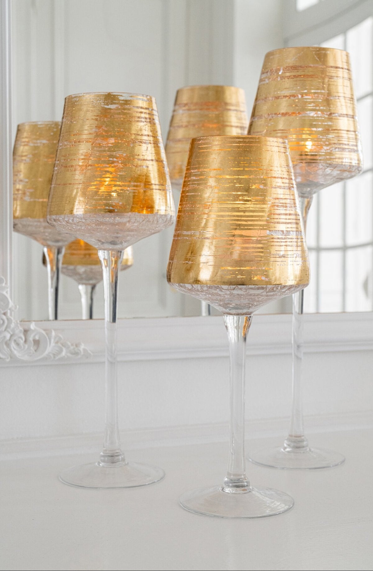 Set Of 3 Glass Tealight Holders On Gold Stand J-Line
