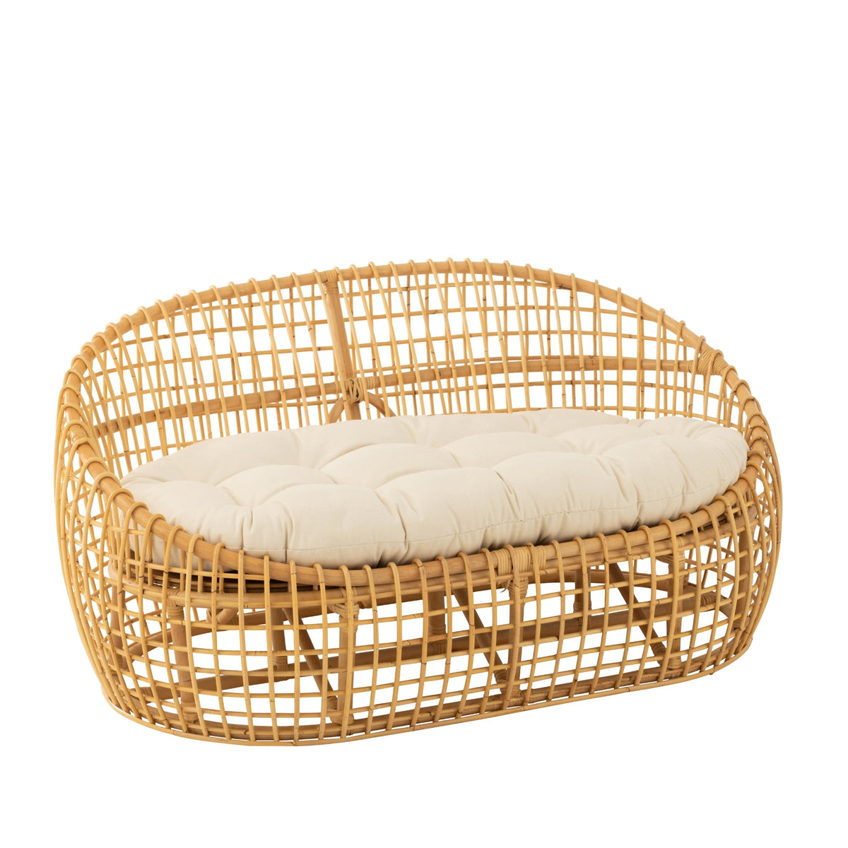 Sofa Lise + Kussen 2 Personen Rotan/Textiel Naturel/Wit J-Line - Bankstel - J-Line - livinglovely.nl