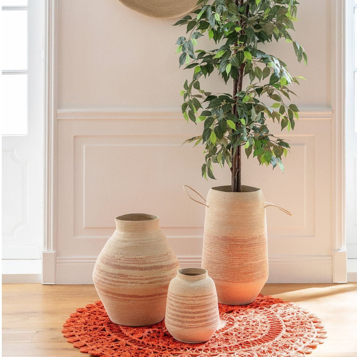 Striped Seagrass Basket Natural/Dark Orange J-Line