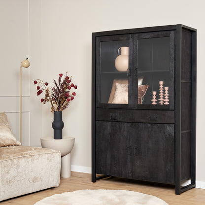 Vitrinekast Boaz Zwart 115cm van Starfurn in mangohout met zwart metalen frame