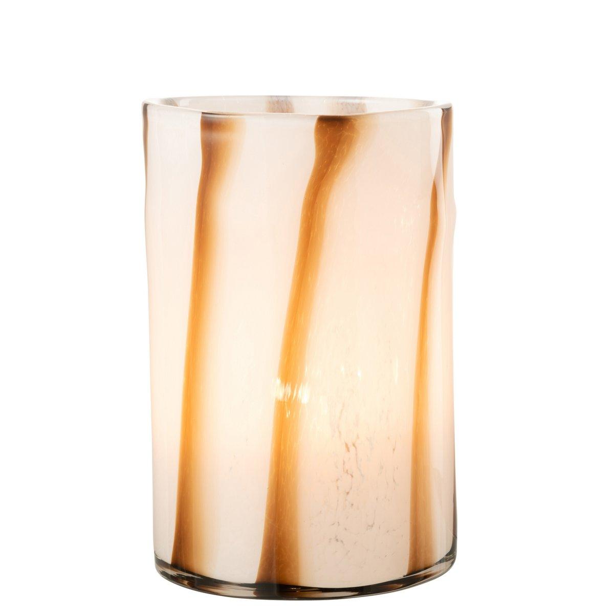 Windlicht Strepen Safari Glas Wit/Bruin Large - Windlicht - J-Line - livinglovely.nl