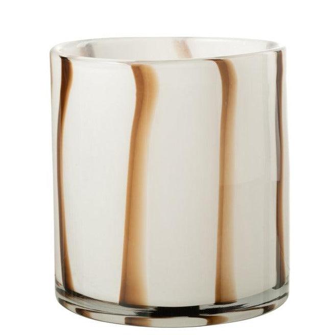Windlicht Strepen Safari Glas Wit/Bruin Medium - Windlicht - J-Line - livinglovely.nl