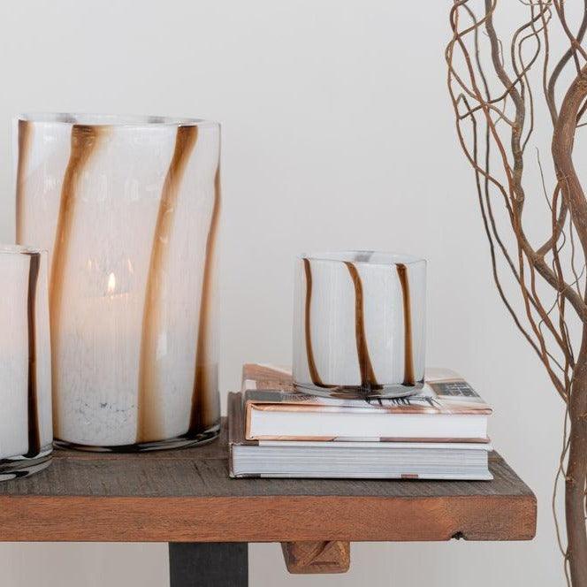 Windlicht Strepen Safari Glas Wit/Bruin Medium - Windlicht - J-Line - livinglovely.nl
