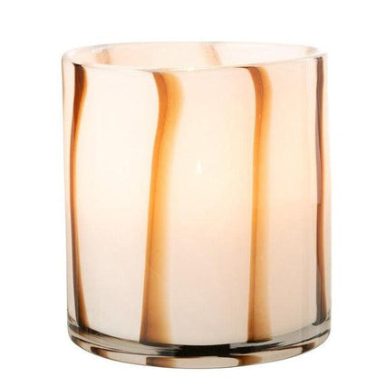 Windlicht Strepen Safari Glas Wit/Bruin Medium - Windlicht - J-Line - livinglovely.nl