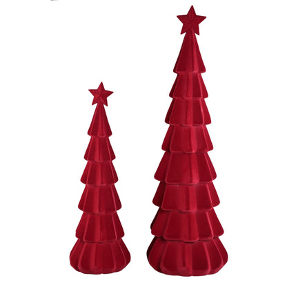 Yule Kerstboom Gelaagd Bordeaux Large van PTMD, twee maten kerstbomen in bordeaux naast elkaar op witte achtergrond