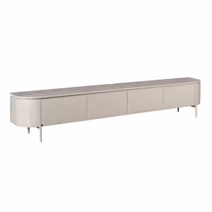 Tv-meubel Excellent in taupe mangohout van Starfurn iets schuin op metalen pootjes